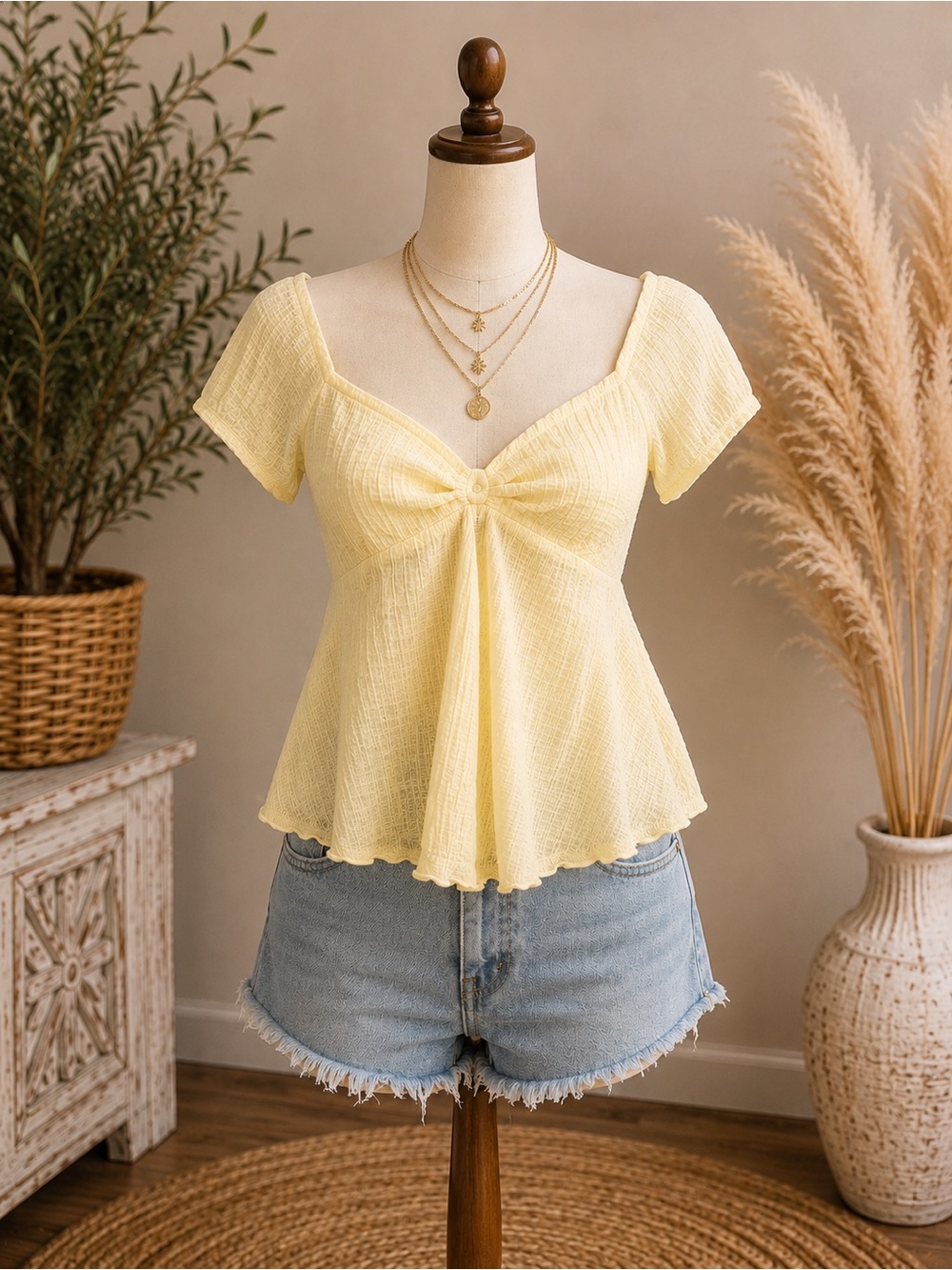 Heart & Hips Pale Yellow Sweetheart Knot Front Crop Top